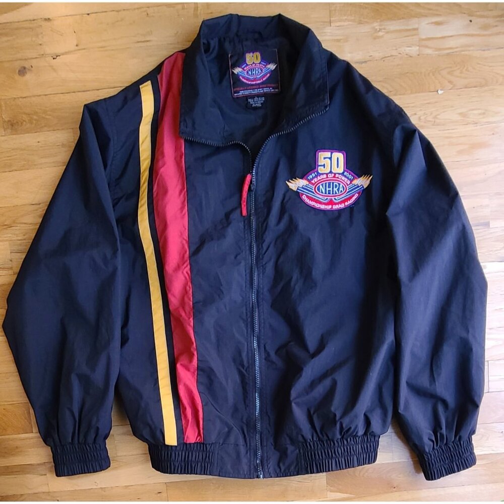 Vintage 50th Anniversary 2001 NHRA Drag Racing Nylon Bomber Black Jacket  Large